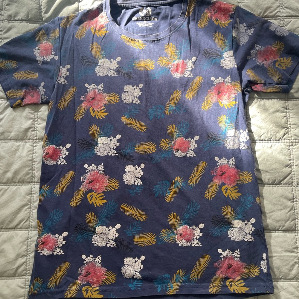 Balenciaga Navy T-Shirt with Yellow Leaf Design